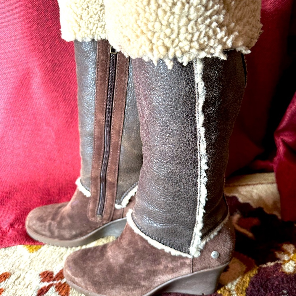 UGG Sandra Knee High Wedge Boots Women 7 Brown Leather Shearling Lined Fold Down